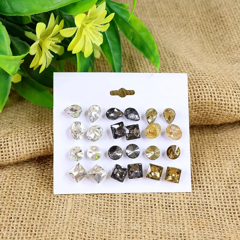12-Pair Alloy Single-Stone Stud Earrings – Lightweight Fashion Set 1