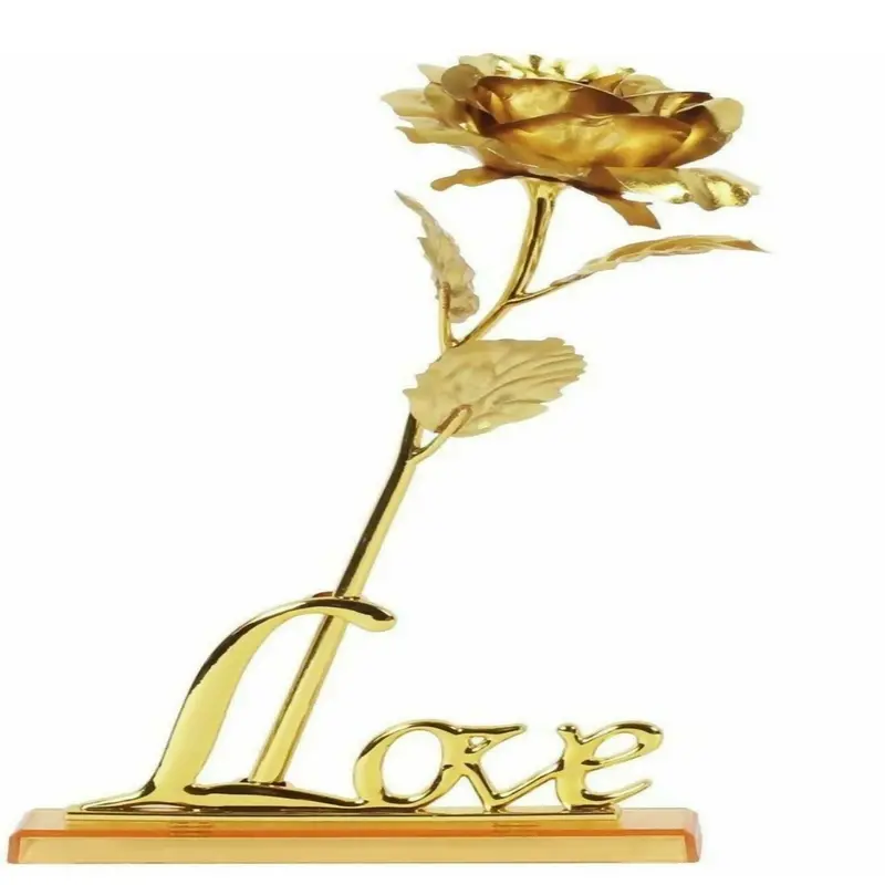 24K Gold-Foil Artificial Rose Display – Love-Embossed Romantic Showpiece With Stand 1