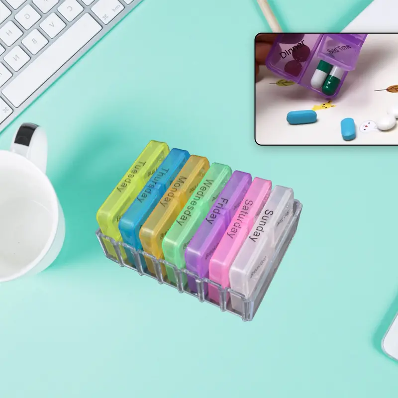 28-Compartment Transparent Weekly Pill Organizer Box – Portable, Moisture-Resistant Travel Medication Dispenser With Reminder Function 1
