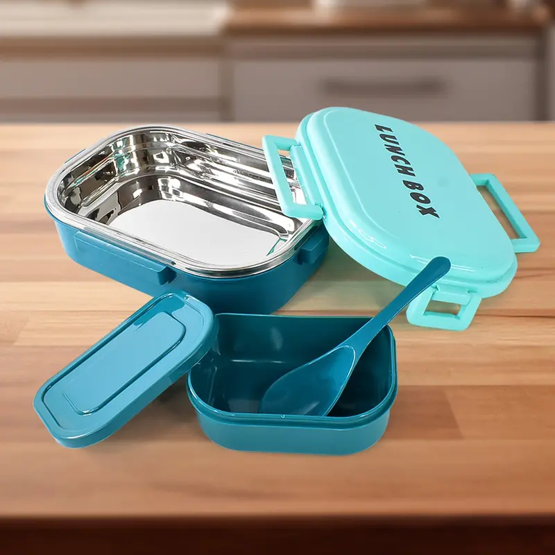 3-In-1 Stainless Steel Bento Box – Includes Compartmentalized Plastic Tray & Utensil (1-Set) 1