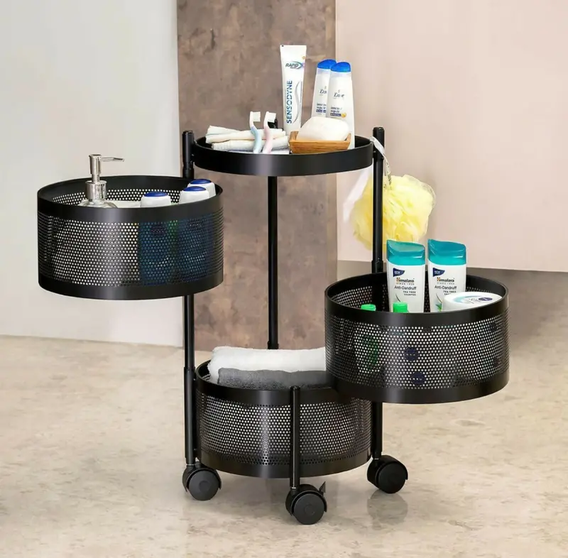 3-Layer Round Kitchen Trolley – Lightweight Mesh Baskets With Swivel Casters 1