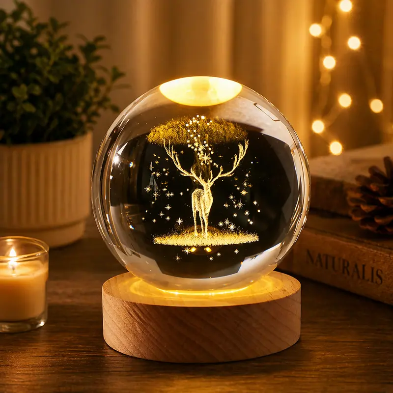 3D Crystal Deer Led Night Light – Elegant Wooden Base Table Lamp 1