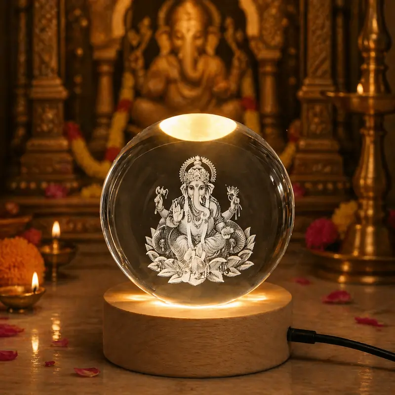 3D Crystal Ganesha Led Night Light – Illuminated Wooden Base Lamp 1