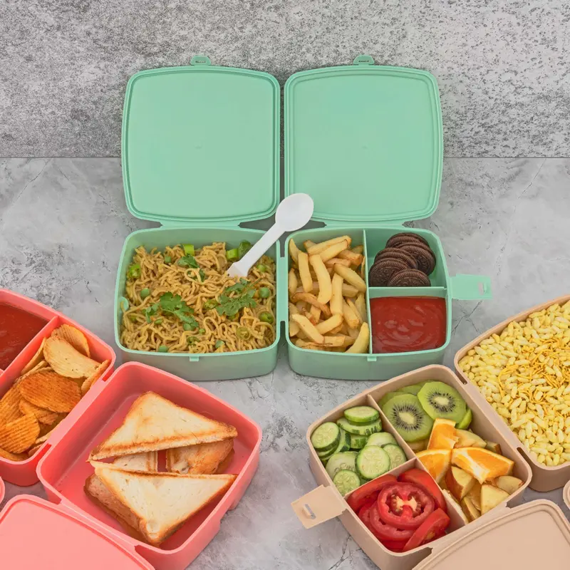 4-Compartment Square Lunch Box With Spoon – Double-Layer Tiffin With Secure Push-Lock Lid 1