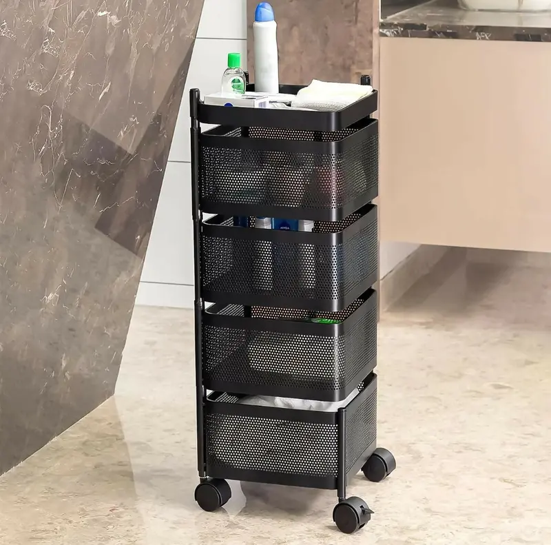 4-Layer Square Stainless Steel Kitchen Cart – Ventilated Baskets With Smooth-Rolling Wheels 1