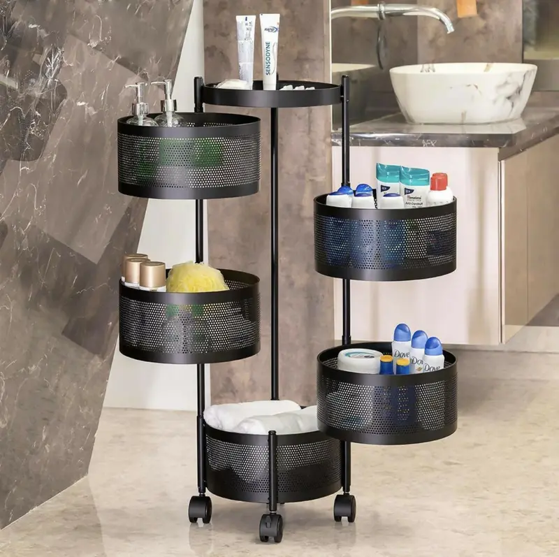 5-Basket Round Compact Kitchen Trolley – Ventilated Mesh & Full 360° Mobility 1
