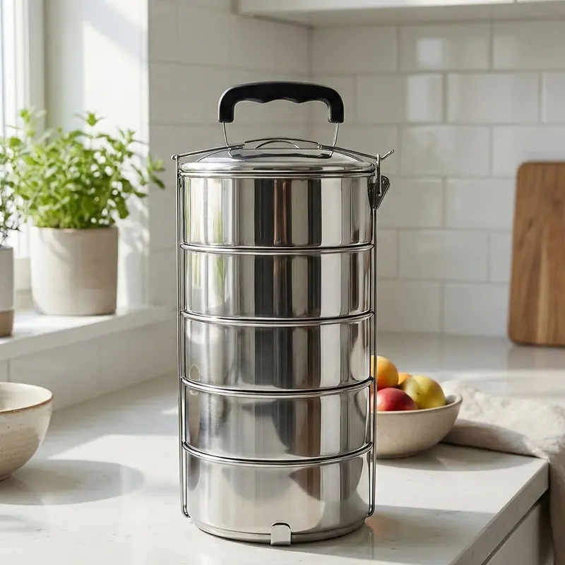 5-Compartment Stainless Steel Lunch Box – Round Leakproof Tiffin Container (16×5 Inches) 1