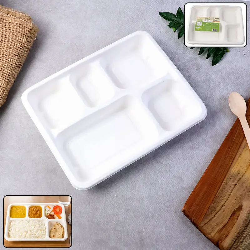 5-Section Rectangular Lunch Tray – Plant-Based Bagasse Plate (10-Pack) 1