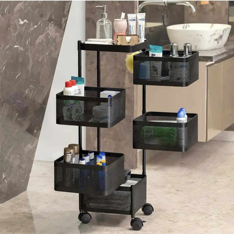 5-Tier Square Stainless Steel Kitchen Trolley – Includes Mesh Baskets & 360° Casters 1