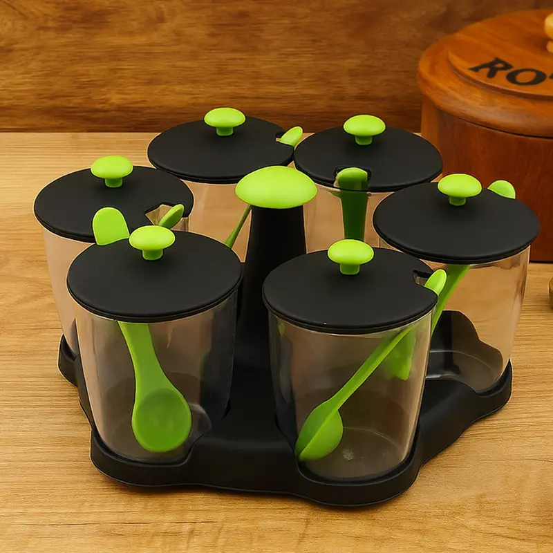 6-Bottle Rotating Spice Rack – Modular Plastic Condiment Organizer With Spoons & Tray 1