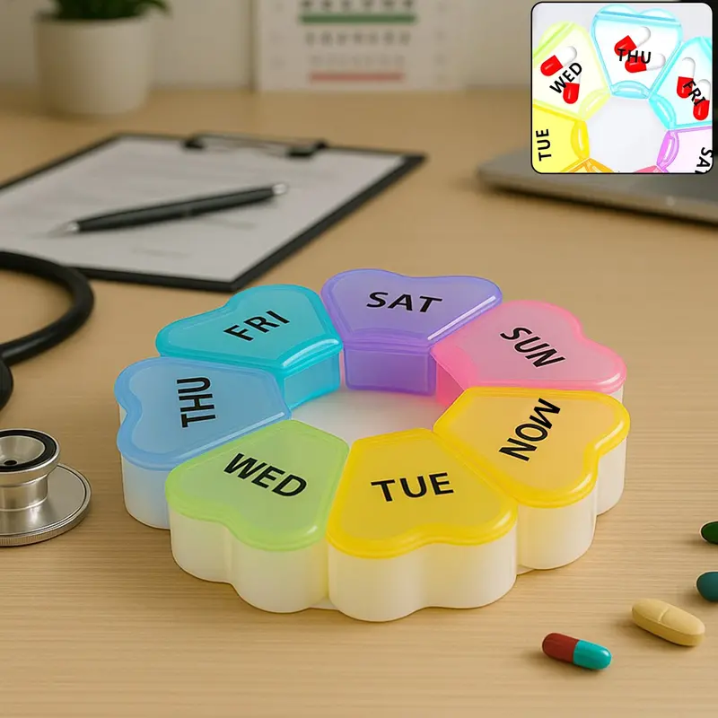 7-Compartment Weekly Pill Organizer – Round Transparent Medicine Dispenser 1