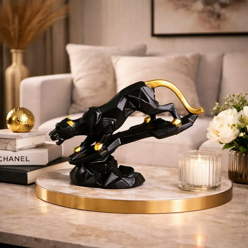 Abstract Panther Sculpture In Black And Gold – Modern Home Decor Statue 1