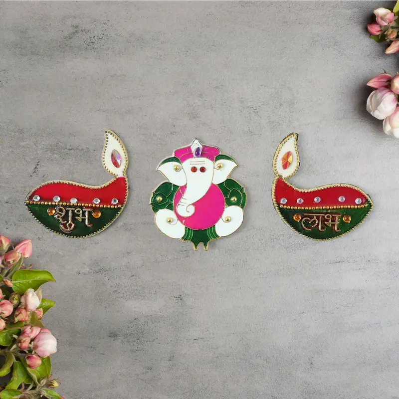 Acrylic Meenakari Diya Door Hanging – Ganesh Shubh Labh Set Of 3 1