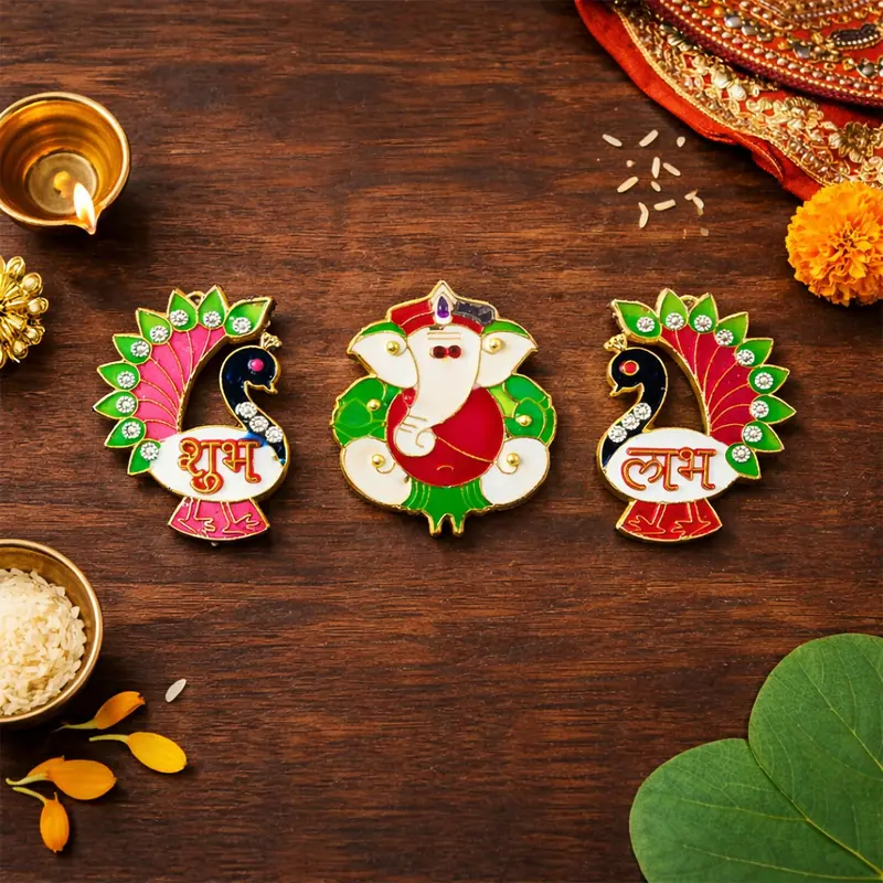 Acrylic Meenakari Peacock-Themed Ganesh Shubh Labh Door Hanging (Set Of 3) 1