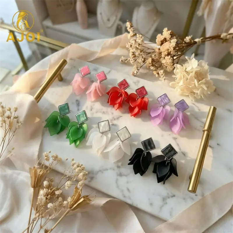 Acrylic Petal Drop Earrings With Square Studs – Playful Multicolor Fashion Jewelry (Pack Of 6) 1