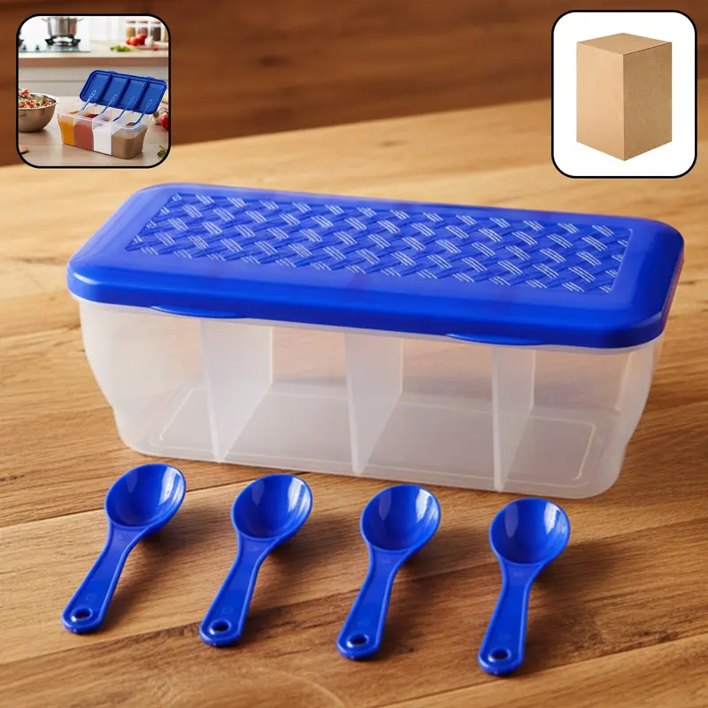 Airtight 4-Compartment Kitchen Storage Container With Spoons – Pickle & Condiment Jar (Single Unit, Assorted Colors) 1