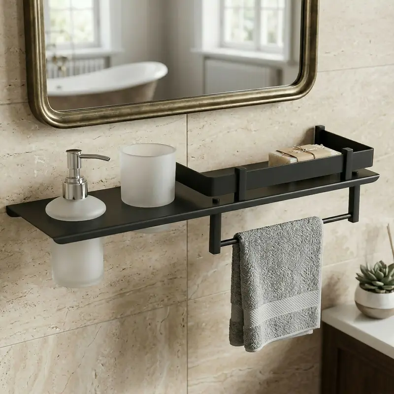 All-In-One Stainless Steel Bathroom Shelf – Includes Soap Dispenser, Toothbrush Caddy & Towel Bar 1