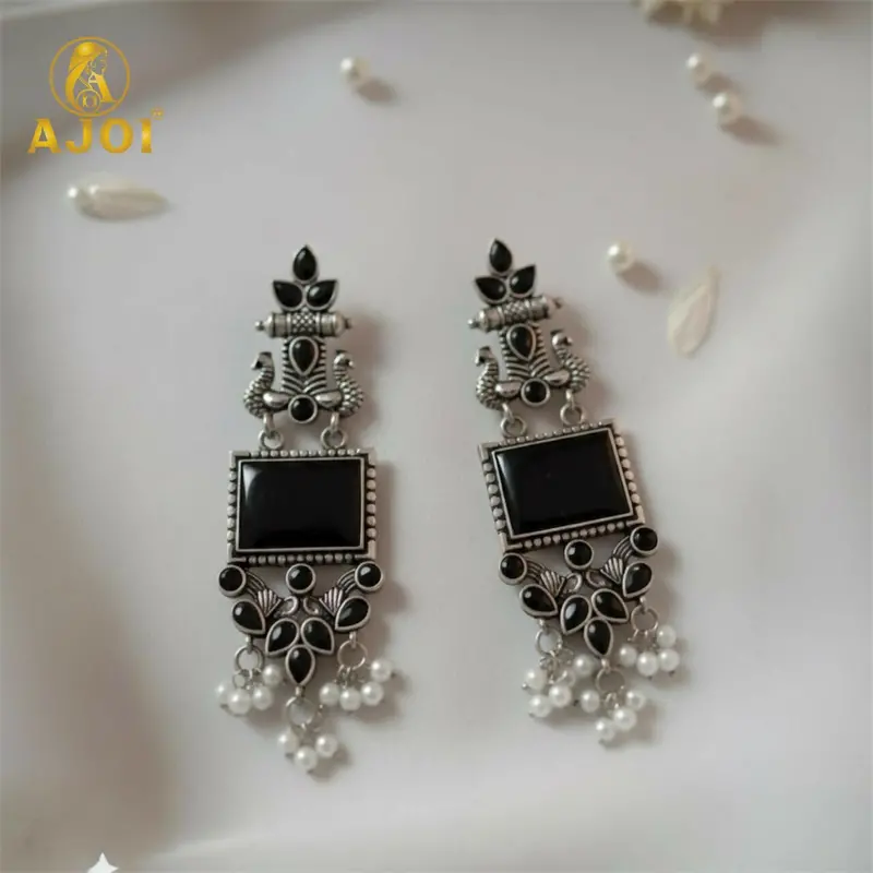 Antique Black Square Stone Earrings With Pearl Drops – Temple-Inspired Oxidized Silver Statement Jewelry 1