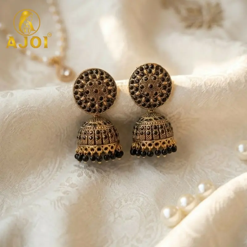 Antique-Finish Gold Black Stone Jhumka Earrings – Cultural Drop Design 1