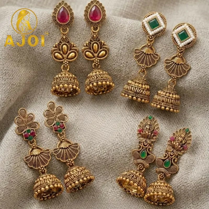 Antique-Finish Gold Temple Earring Set – Four-Piece 1