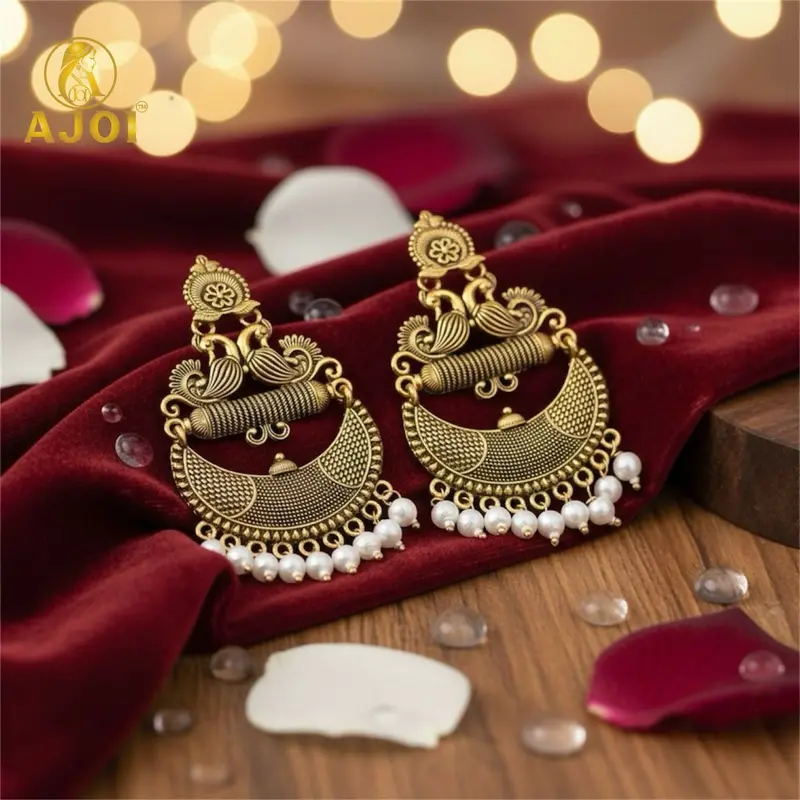 Antique Gold Chandbali Earrings – Peacock Motif With Pearl Drops 1