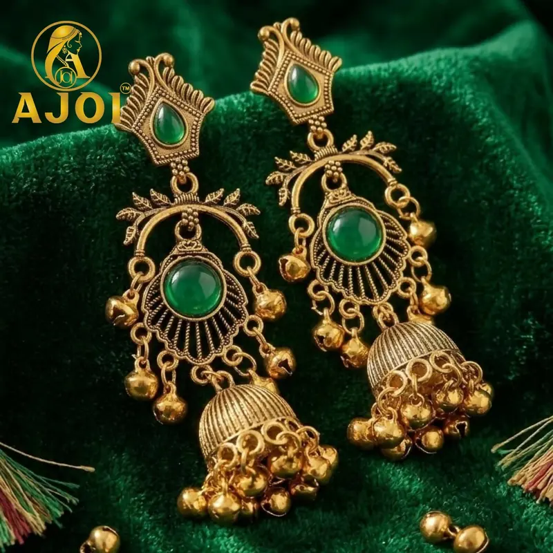 Antique Gold Green-Stone Jhumkas – Handcrafted Traditional Earrings For Women 1