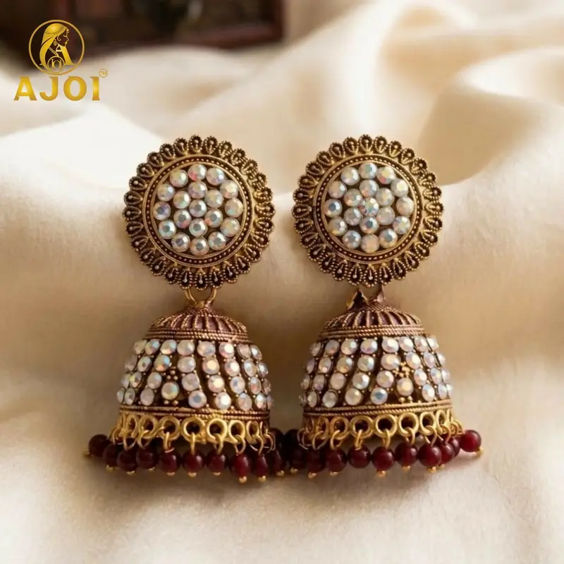 Antique Gold Jhumka Earrings – Maroon Stone Accents For Traditional Outfits 1