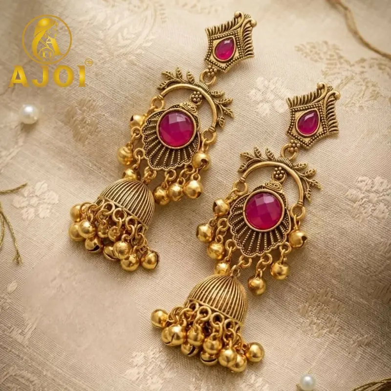 Antique Gold Jhumka Earrings With Ruby-Red Stone – Traditional Indian Jewelry 1