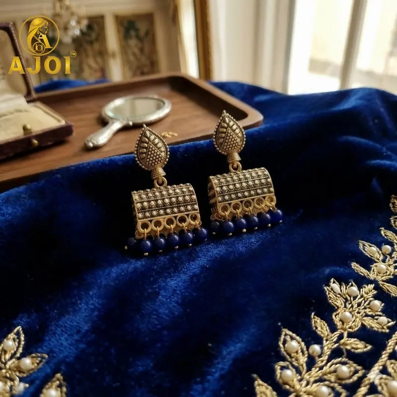 Antique Gold Leaf Jhumka Earrings – Blue Bead Accent Design 1
