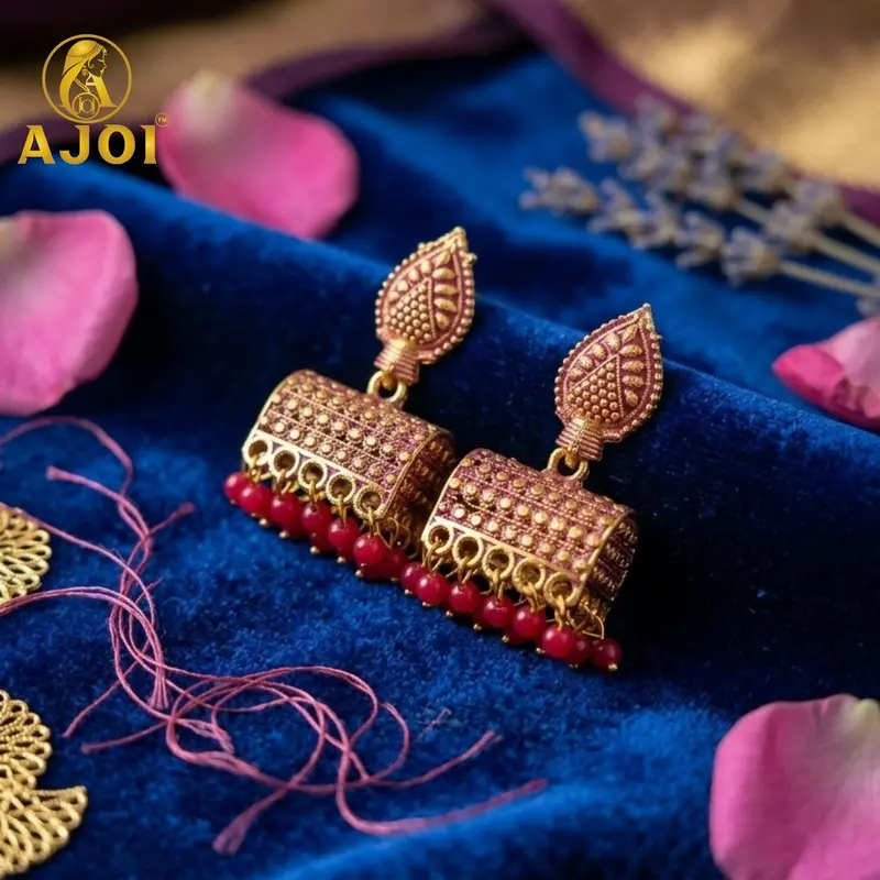 Antique Gold Leaf Jhumka Earrings Featuring Pink Beaded Accents 1