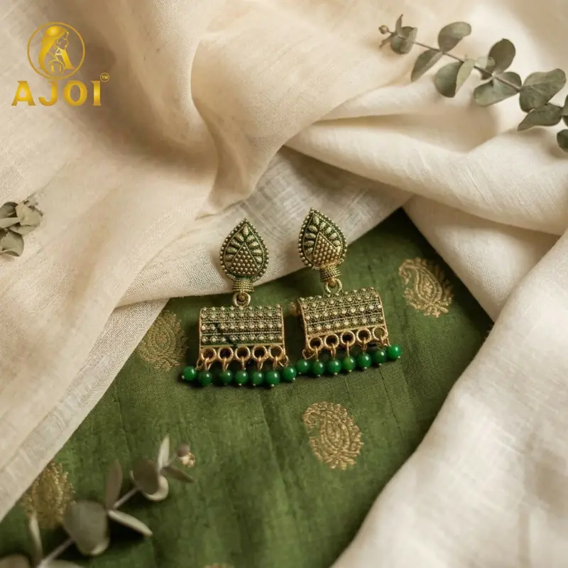 Antique Gold Leaf Jhumka Earrings – Green Bead Drop Detail 1