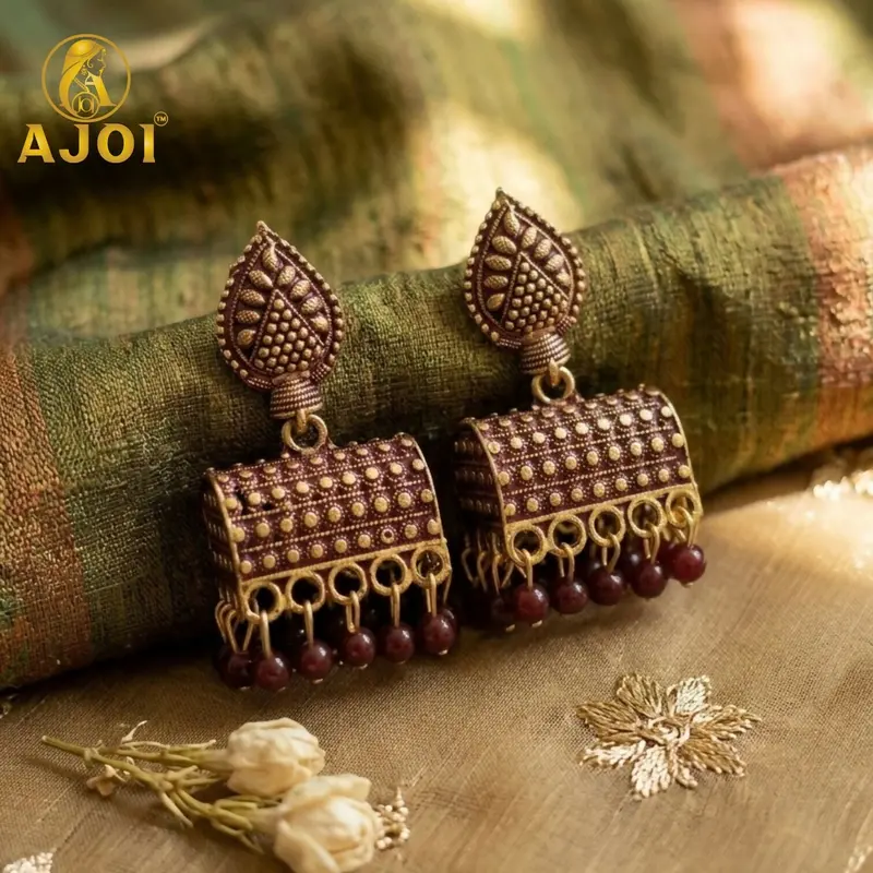 Antique Gold Leaf Jhumka Earrings – Maroon Bead Drop Accent 1