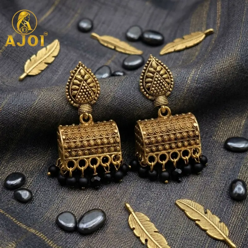 Antique Gold Leaf Jhumka Earrings With Black Beaded Dangles 1