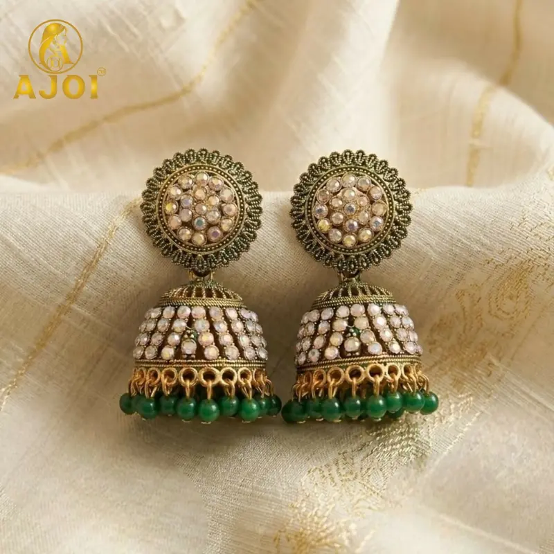 Antique Gold Pearl Jhumka – Green Beaded Drop For Vibrant Ethnic Style 1