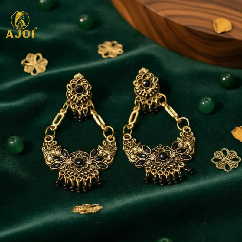 Antique Gold-Plated Black Stone Floral Chandbali Earrings 1