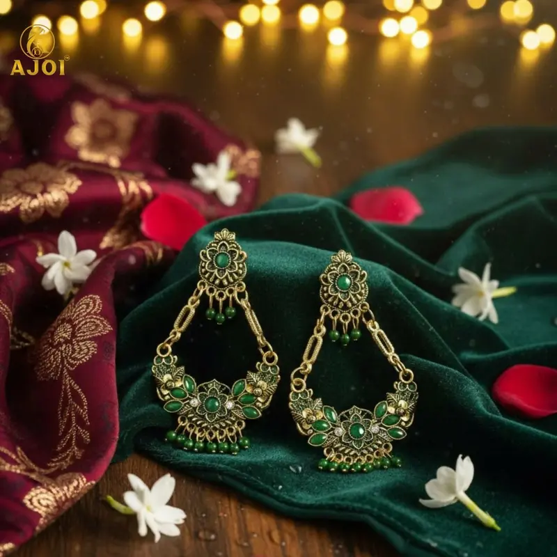 Antique Gold-Plated Green Stone Chandbali Earrings For Women 1