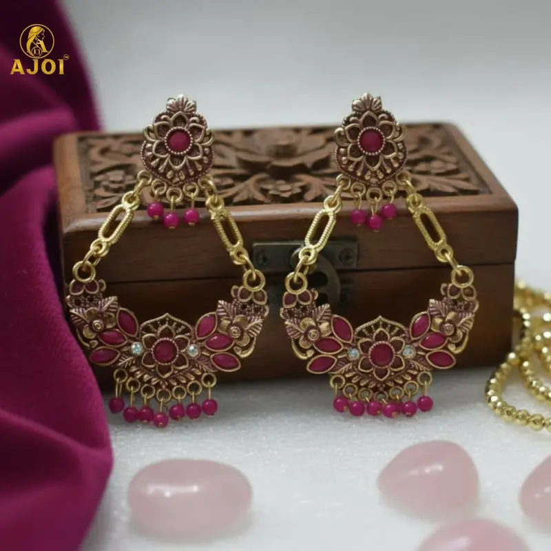 Antique Gold-Plated Pink Stone Chandbali Earrings For Women 1