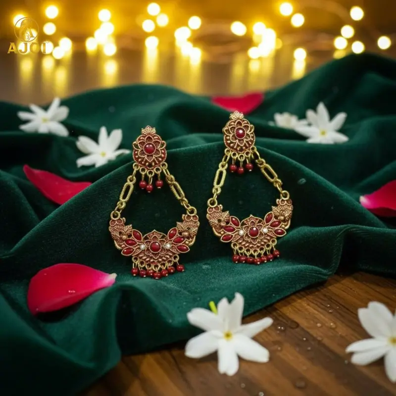 Antique Gold-Plated Red Stone Chandbali Earrings For Women 1