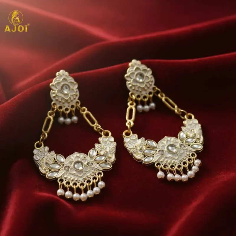Antique Gold-Plated White Stone And Pearl Floral Chandbalis 1