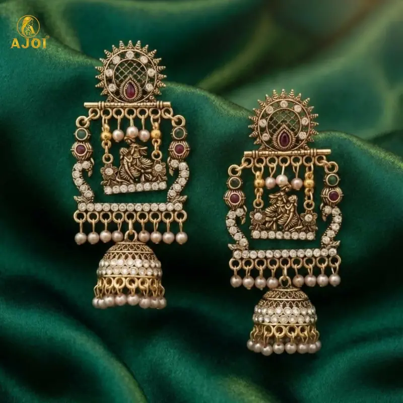 Antique Gold Radha-Krishna Temple-Themed Jhumka Earrings 1