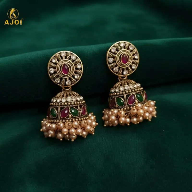 Antique Gold Royal Jhumka Earrings With Pearls And Green-Pink Stone Inlay 1