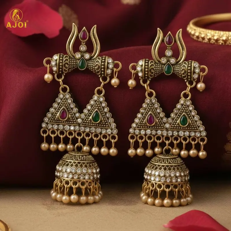 Antique Gold Shiv Trishul Jhumka Earrings With Intricate Stone Embellishment 1