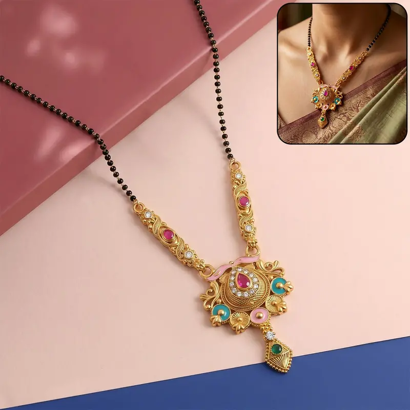 Antique Grand Meenakari Medallion With Teardrop Pendant – Refined Single-Strand Mangalsutra 1