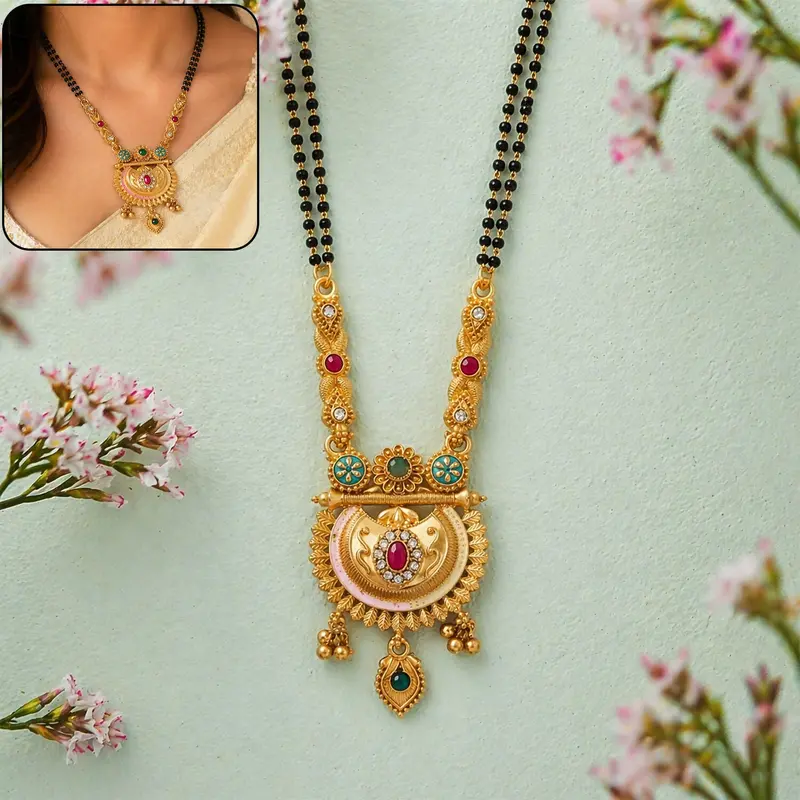 Antique Half-Moon Chandrakor Pendant With Ghungroo Accents – Traditional Double-Strand Mangalsutra 1