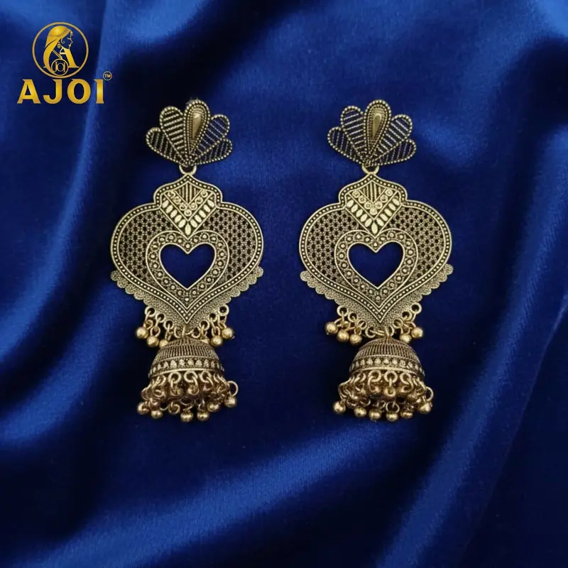 Antique Heart-Shaped Jhumkas With Gold-Tone Filigree And Cultural Elegance 1