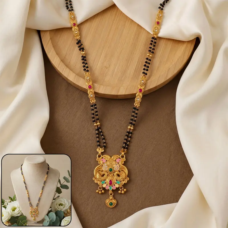 Antique Makara Dragon Scroll Pendant On Fan-Shaped Enamel Base – Statement Double-Strand Mangalsutra 1