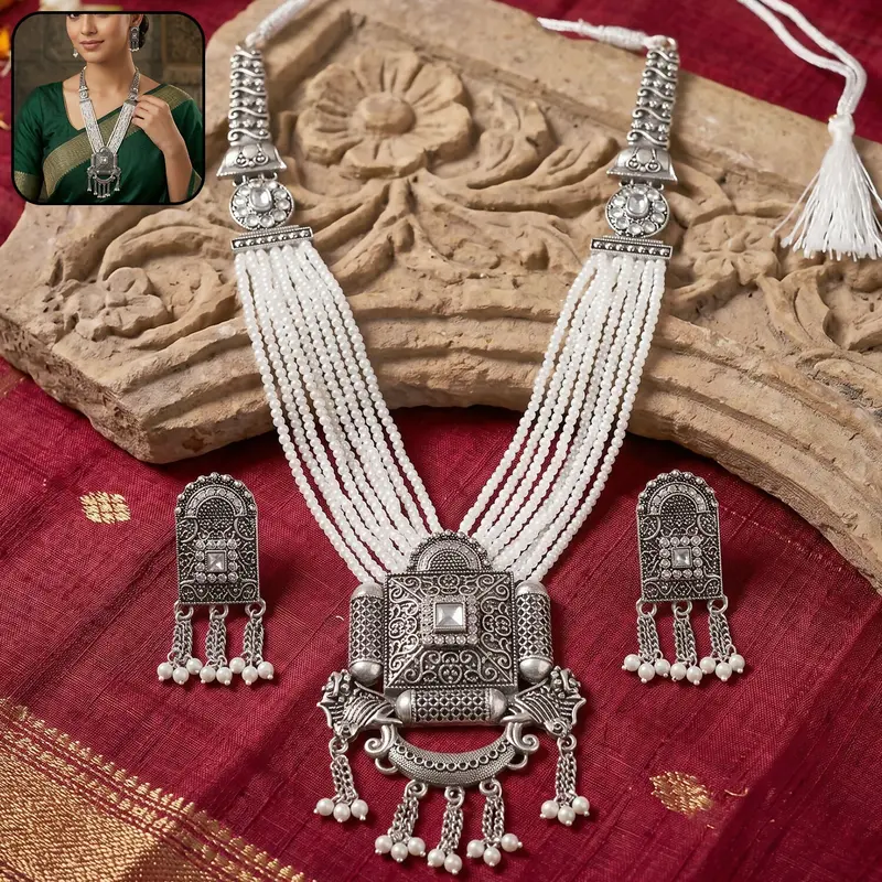 Antique Silver Beaded Necklace & Dangling Earring Set – Traditional Handcrafted Look 1