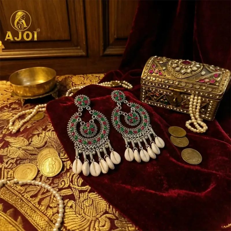 Antique Silver Chandbali Earrings Featuring Floral Enamel & Cowrie Shell Dangles 1