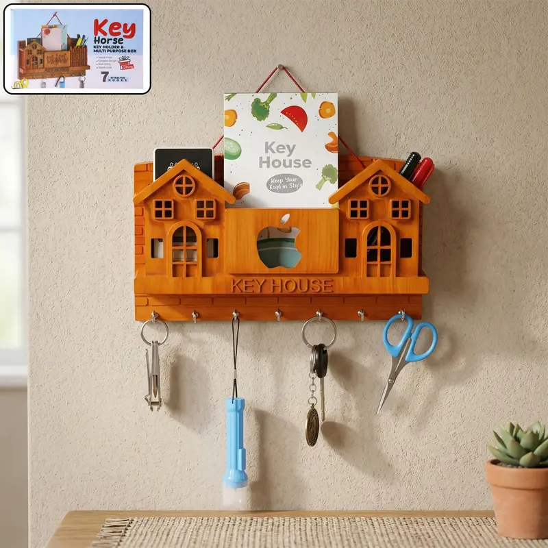 Apple-Design Wall Key House – Wooden Organizer With Shelf & Multiple Hooks 1