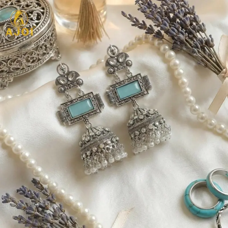 Aqua Stone Jhumka Earrings – Heritage-Inspired Oxidized Silver Ethnic Design 1